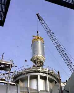Crane lowers Centaur into test chamber