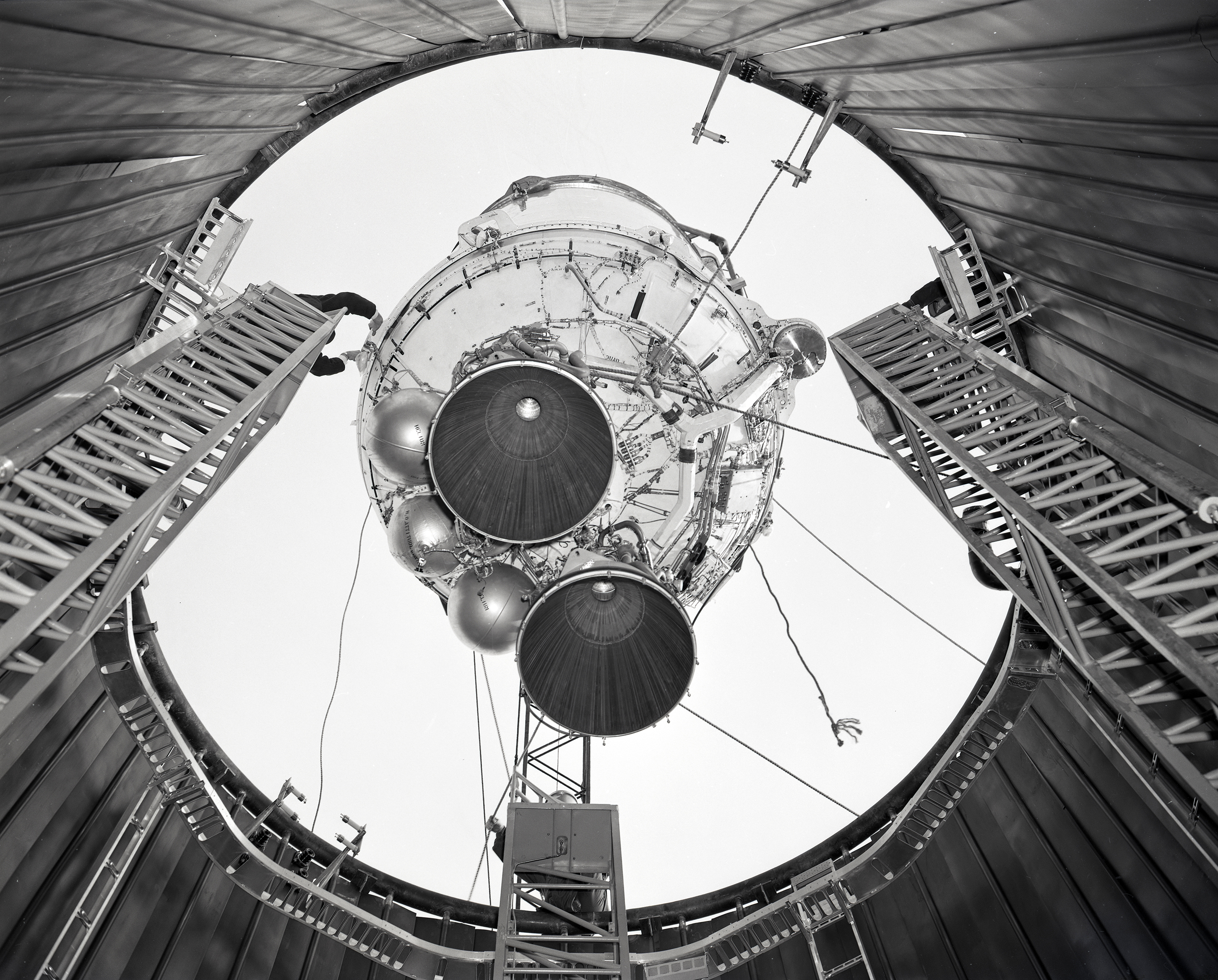A 100 foot crane is used to lower a Centaur 6A into the SPC No. 1.