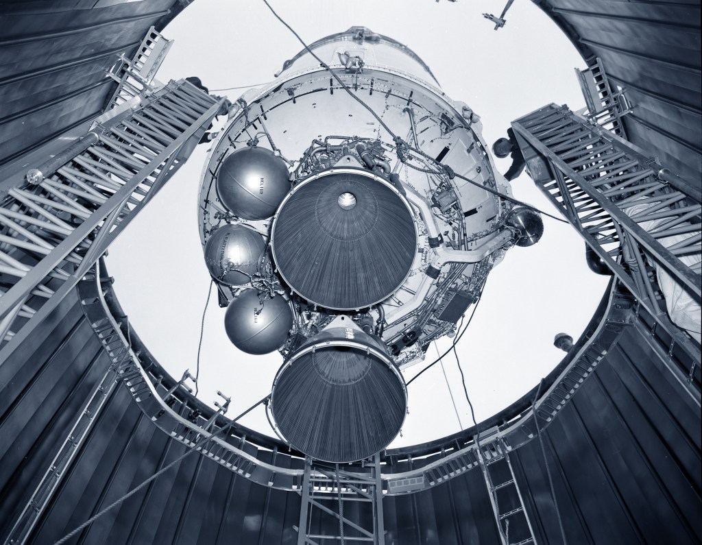 View from below as Centaur is lowered into chamber