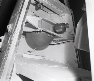 Thruster bottle and nozzle in the tip of the Surveyor nose cone