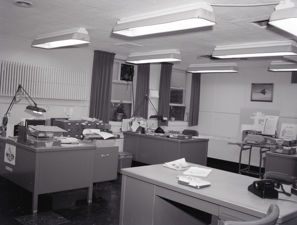 Empty office with desks.