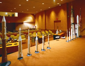 View from stage of auditorium with rocket models