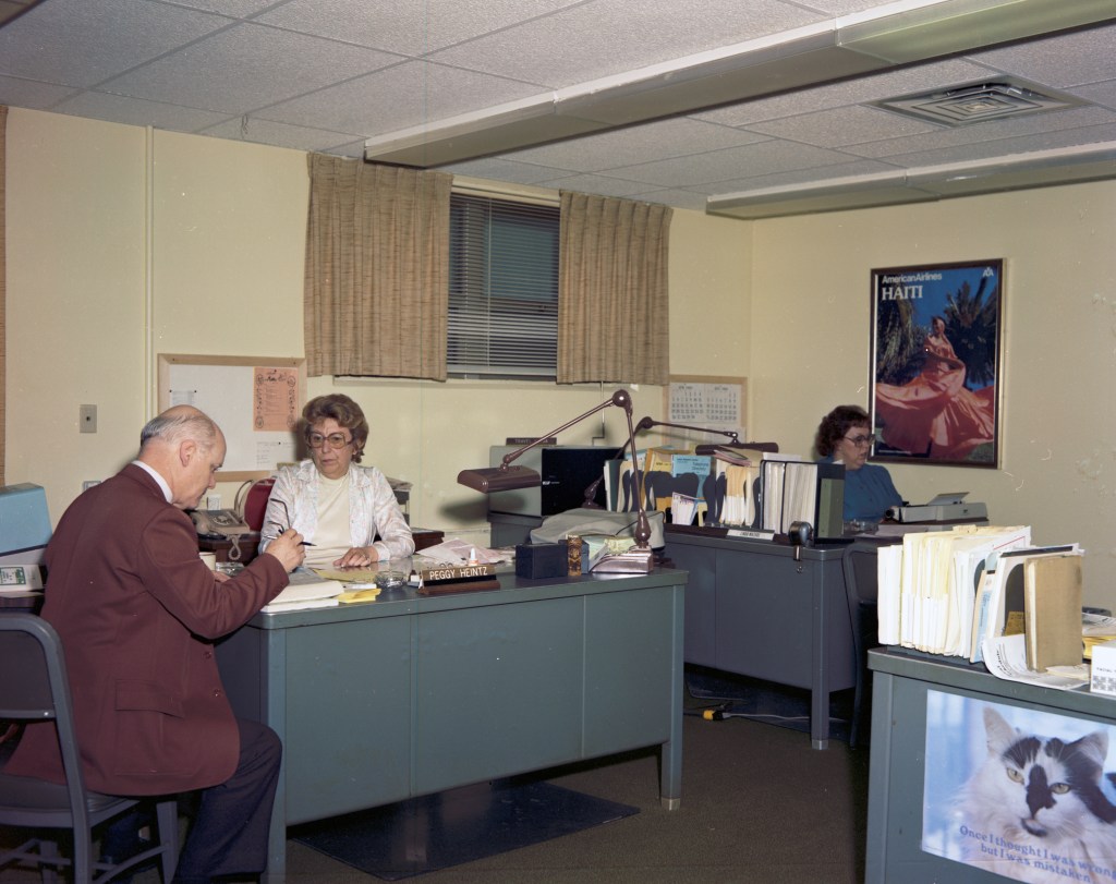 People sitting at desk in office.