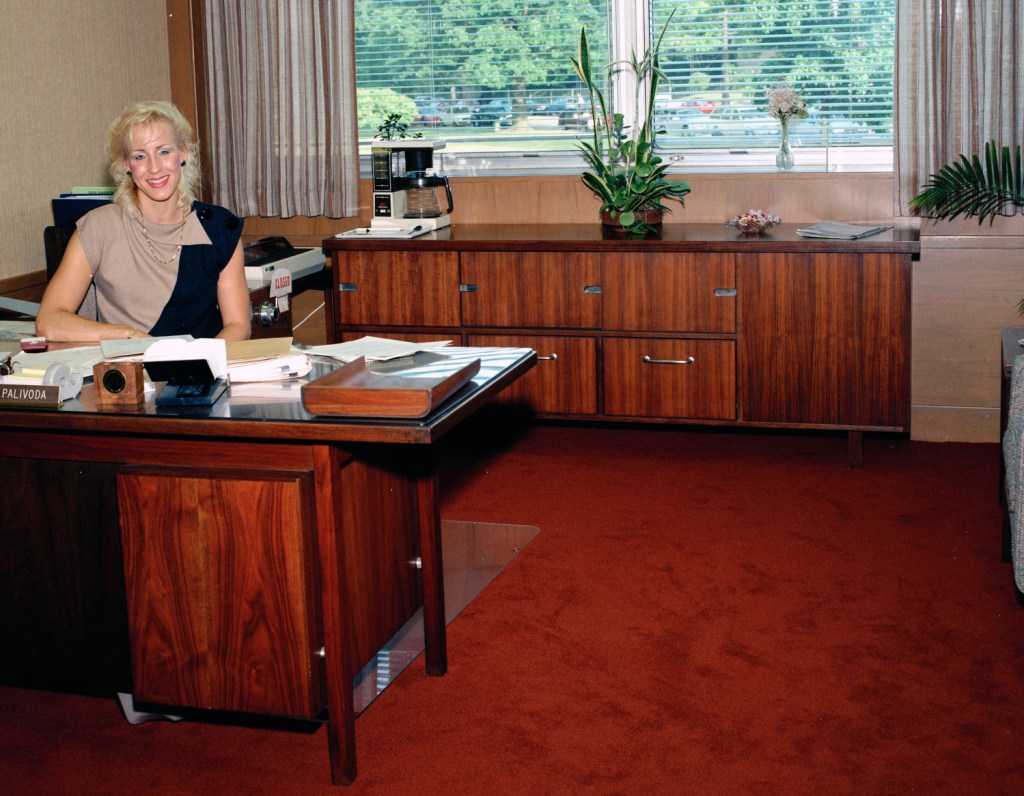 Woman a desk in office.