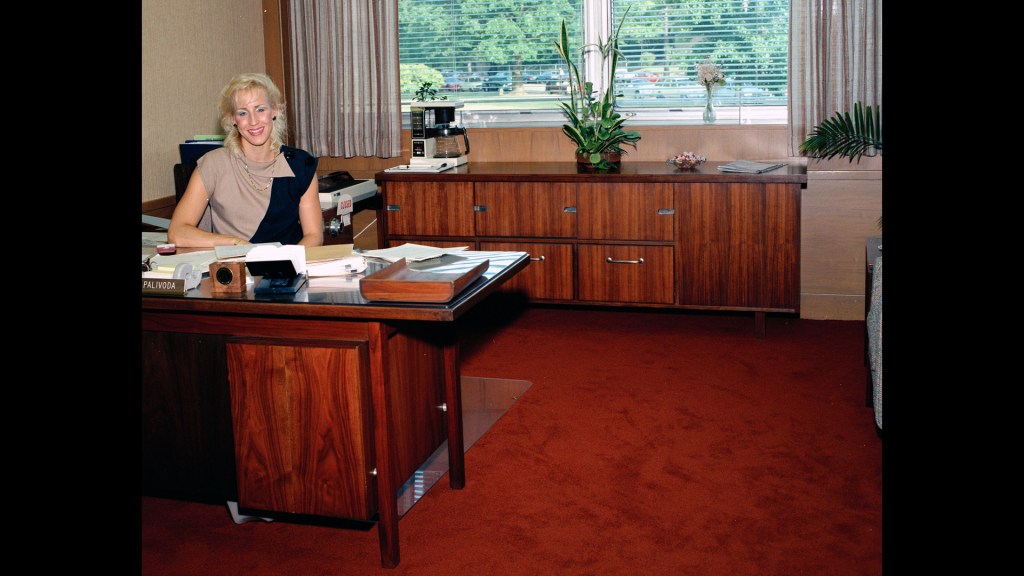 Woman a desk in office.