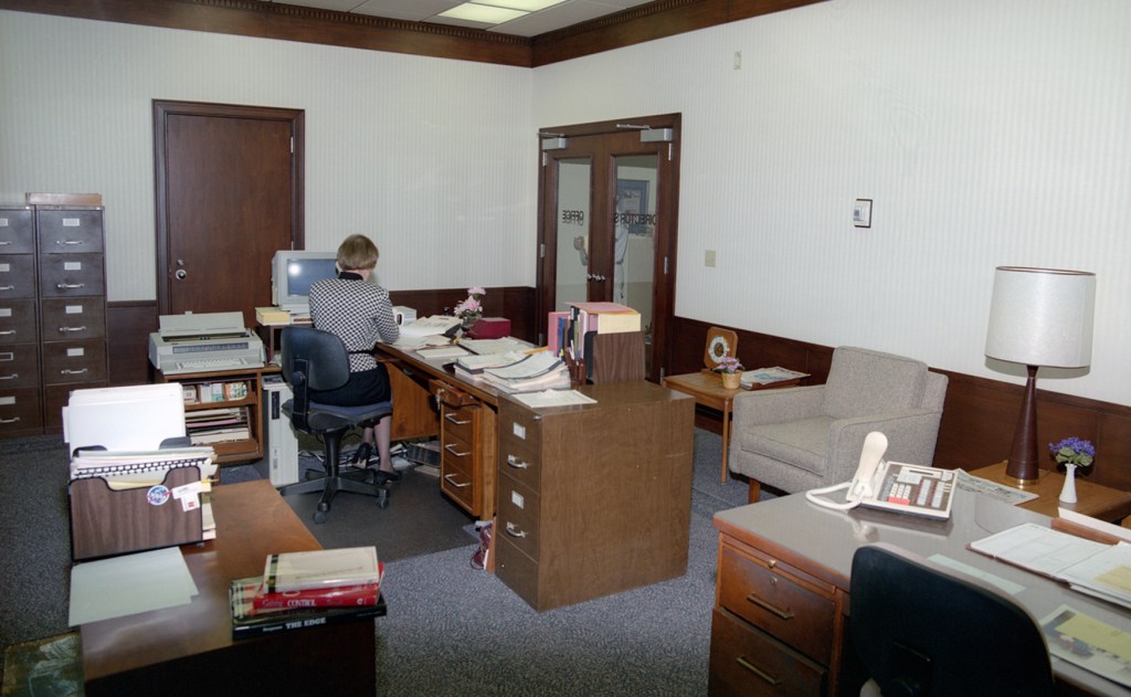Desks and cabinets in office.