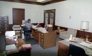 Desks and cabinets in office.