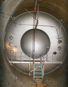 Bulkhead with shut swing door inside Space Power Chambers