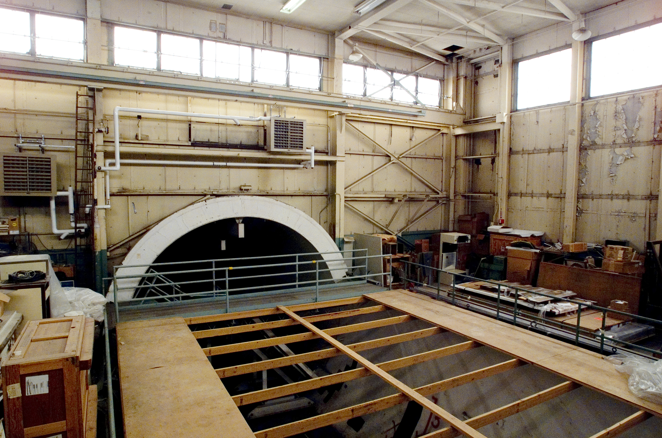 Elevated view of AWT test chamber crowded with equipment