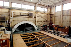 Elevated view of AWT test chamber crowded with equipment