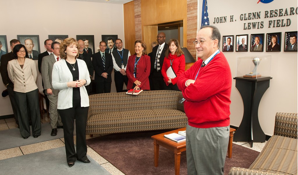 Group of people in lobby.