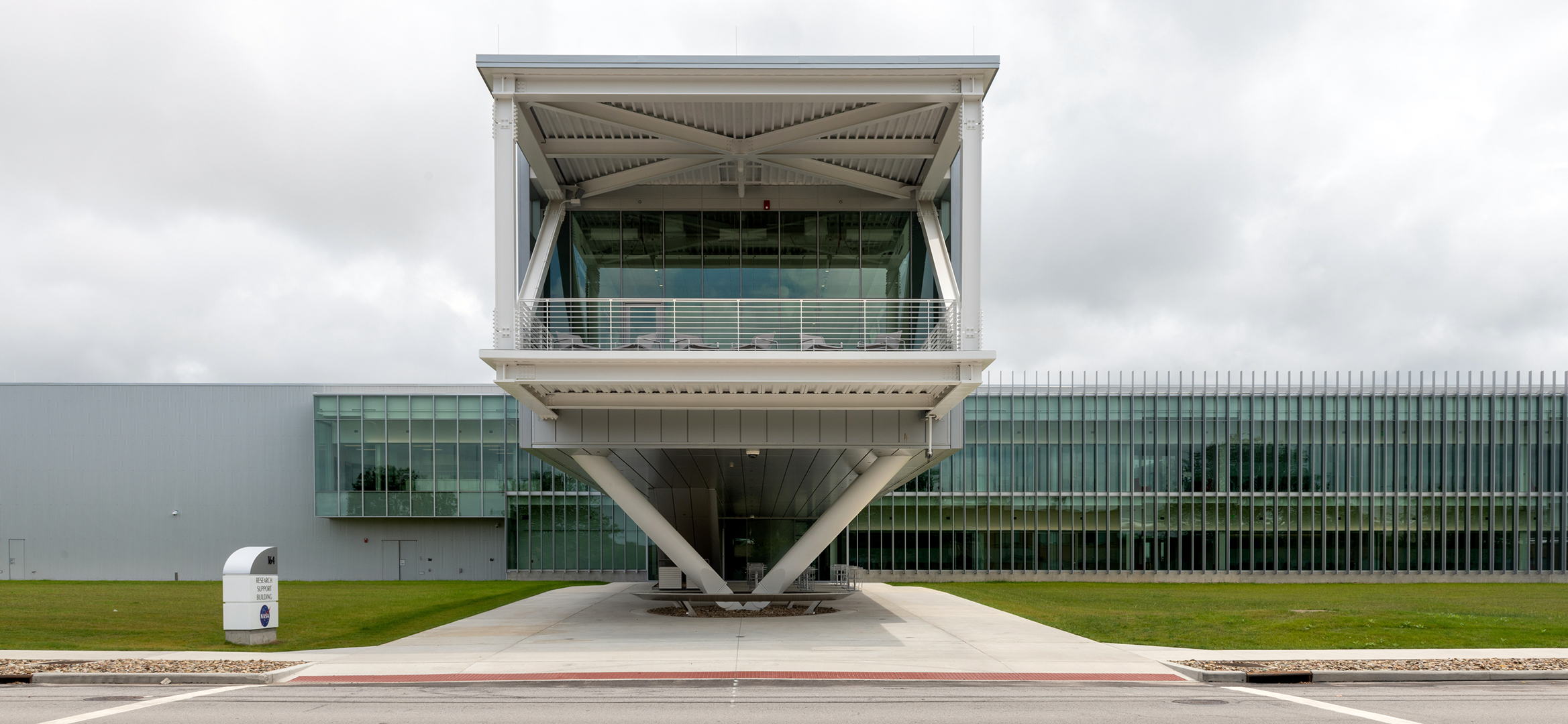 Exterior view of glass building.