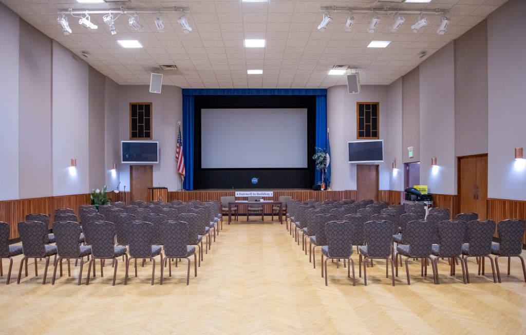 View from back of empty auditorium.