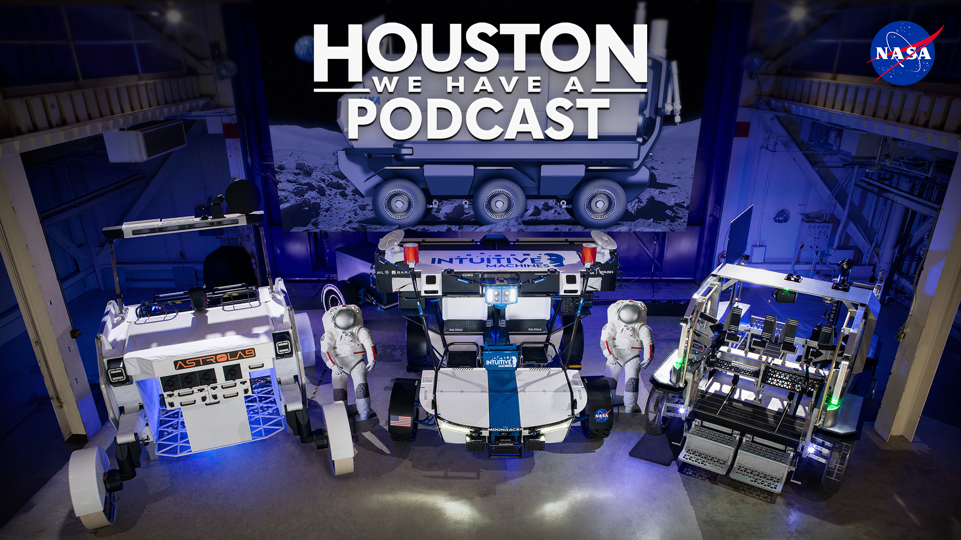 HWHAP Ep. 385. A display of the three unpressurized and one pressurized rover designs.