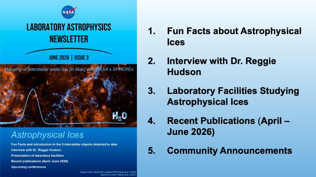 An image of the cover page for the second issue of the Laboratory Astrophysics Newsletter issue number 3. The theme is astrophysical ices.