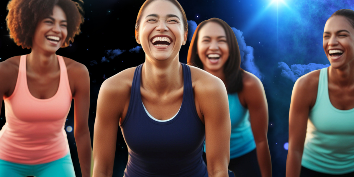 Four women in workout attire smiling and laughing.