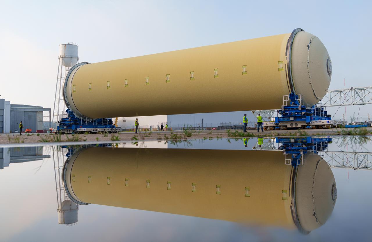 Teams at NASA’s Michoud Assembly Facility in New Orleans move a liquid hydrogen tank for the agency’s SLS (Space Launch System) rocket into the...