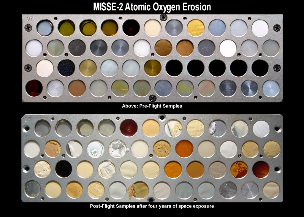 Intact materials not exposed to space are compared to materials with visible degradation and discoloration after space exposure.
