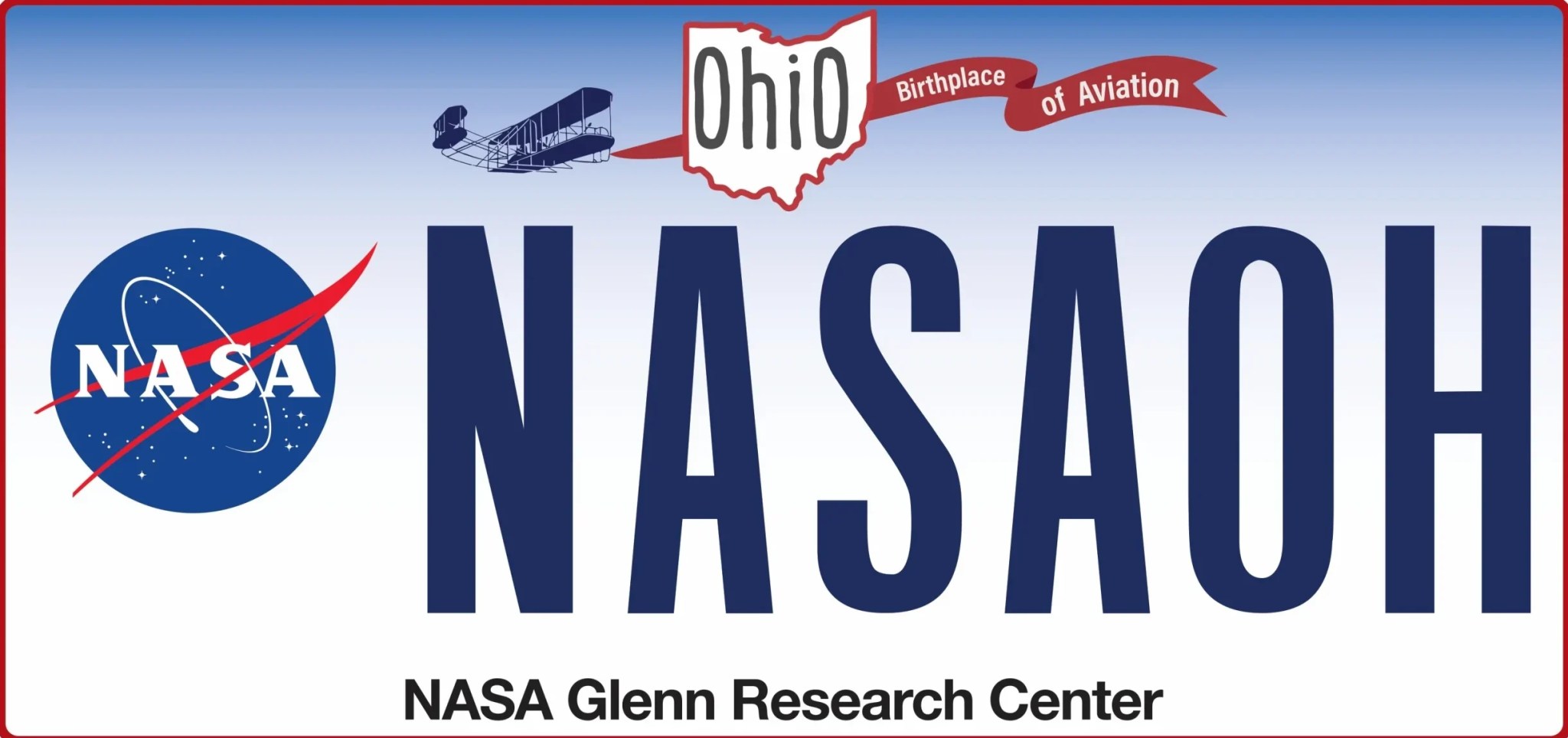 A license plate with the words, “NASAOH” and the NASA logo to the left. The bottom of the plate reads “NASA Glenn Research Center.” The top shows the Wright brothers’ original airplane, along with a banner displaying the shape of Ohio and the words “Ohio Birthplace of Aviation.”
