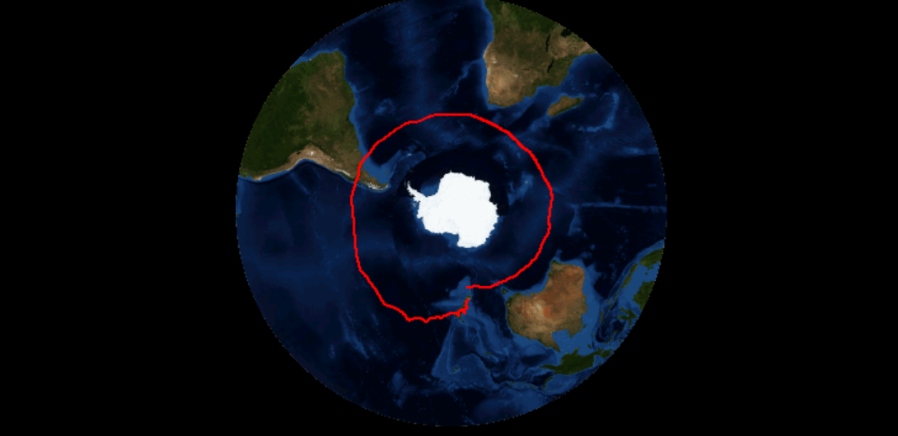 A graphic of the world, with focus on the Southern Hemisphere and a red line, indicating a balloon path, completes a circle.