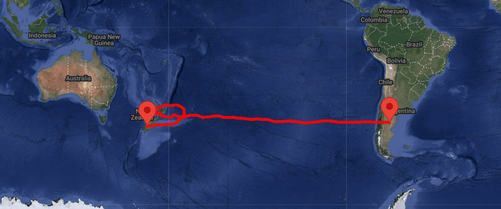 A graphic map with a red line and points on two land masses, blue ocean surrounds.