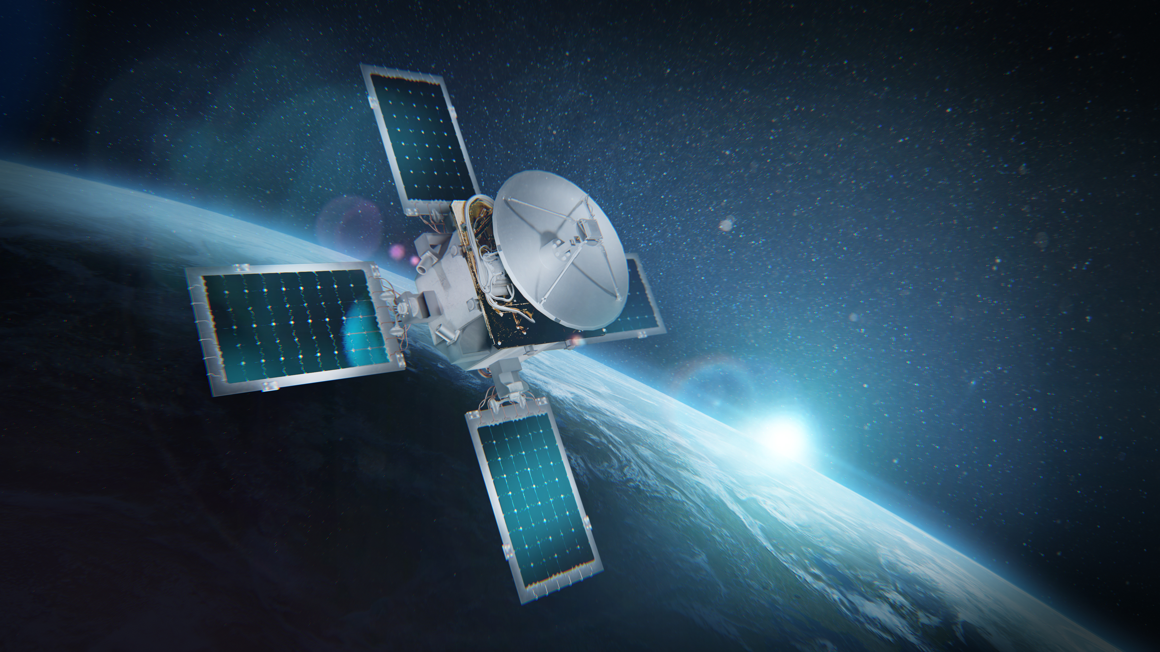A 3D rendering of the Polylingual Experimental Terminal (PExT) satellite viewed at a three-quarter angle in low Earth orbit. The spacecraft’s whi...