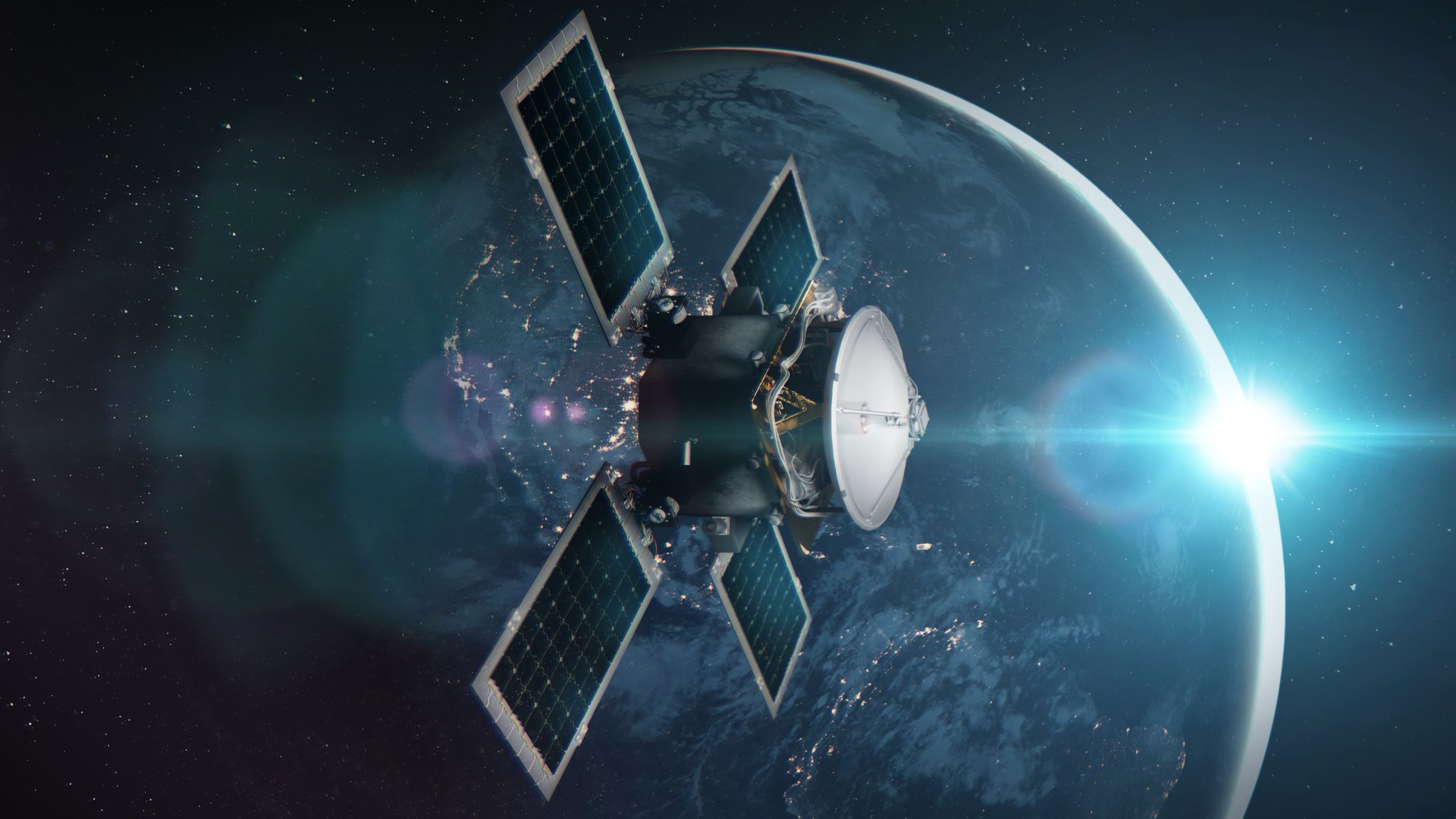A graphic of the PExT Wideband Terminal mounted on a spacecraft with four solar panels, in the right-hand side of the frame. The Earth is shown behind the terminal on the bottom right side of the image. The Sun is shown to the left behind the Earth, causing a light affect that reflects of the terminal. The scene is set in front of a dark blue starry background.