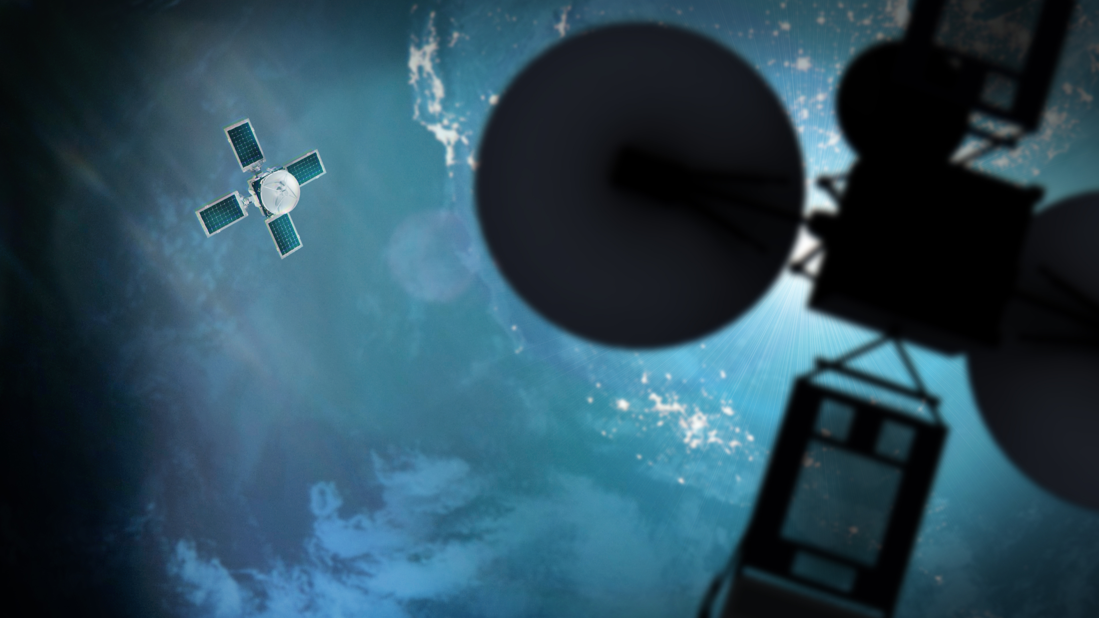 A 3D rendering of the Polylingual Experimental Terminal (PExT) in low Earth orbit relaying data to another satellite. The PExT spacecraft is visibl...