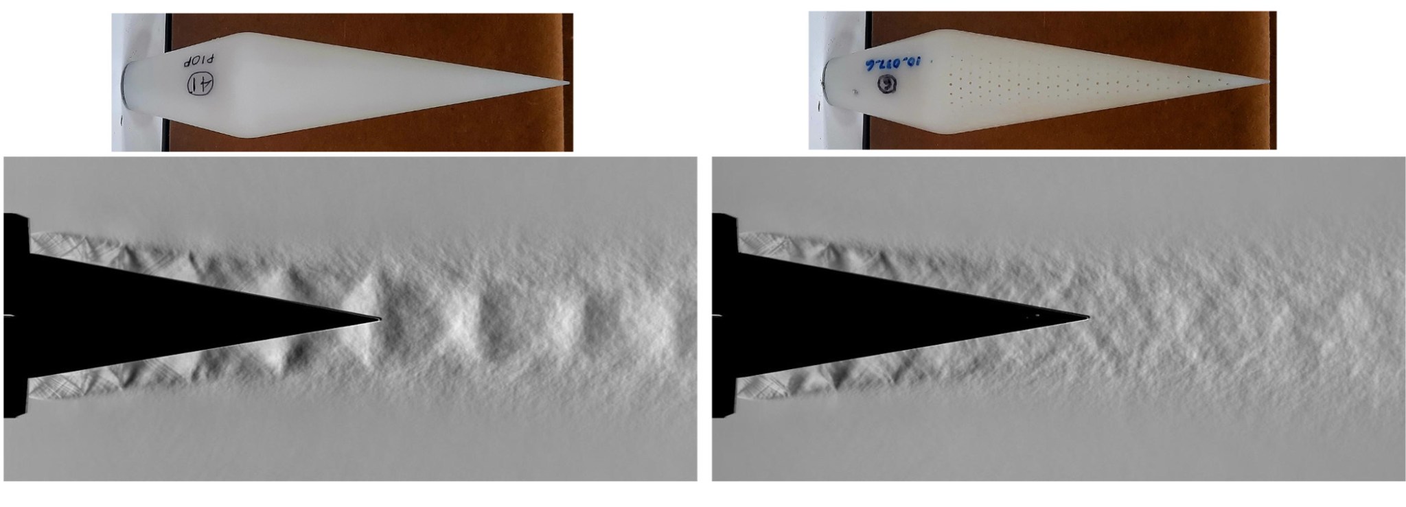 Side-by-side comparison two nozzles, each shown from above and in grayscale from the side, illustrating differences in surface texture and flow patterns behind the tips.