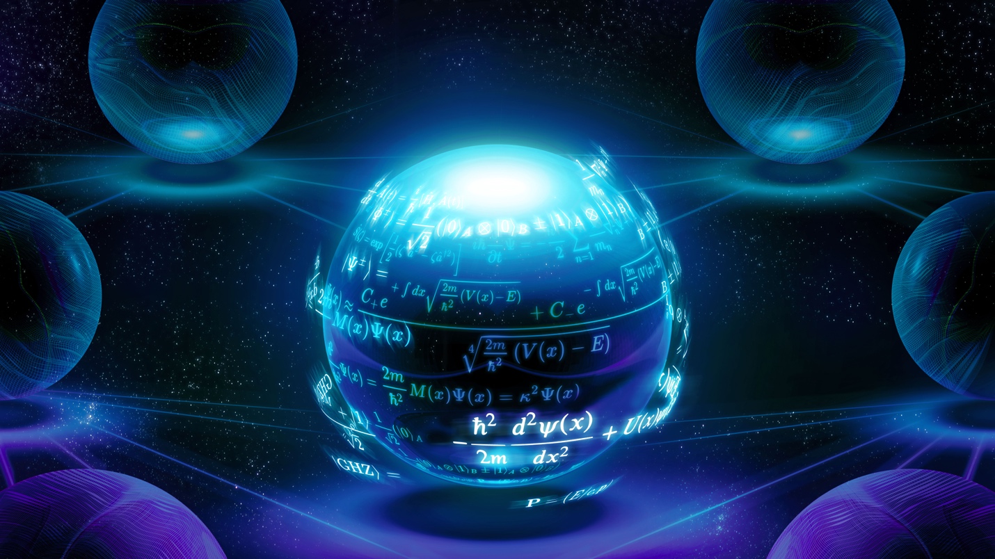 Image that artistically represents quantum sensing with a sphere and mathematical equations.