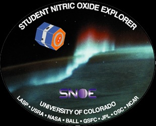 Artist conception of SNOE satellite with text "Student Nitric Oxide Explorer, SNOE, University of Colorado, LASP, USRA, NASA, Ball, GSFC, JPL, OSC, NCAR"