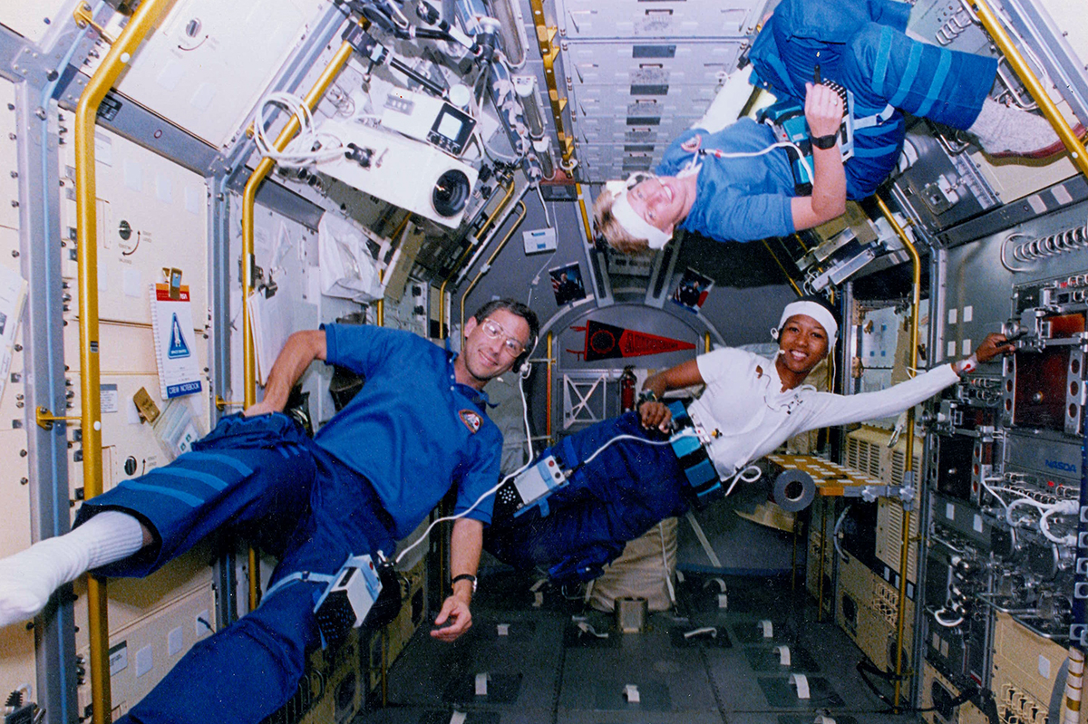 NASA astronauts Jerome Jay, Jan Davis and Mae Jemison during NASA Space Shuttle Mission STS-47, utilizing the Psychophysiology Research Lab's Autogenic Feedback Exercise (AFTE) equipment to test the effectiveness of the AFTE procedure.