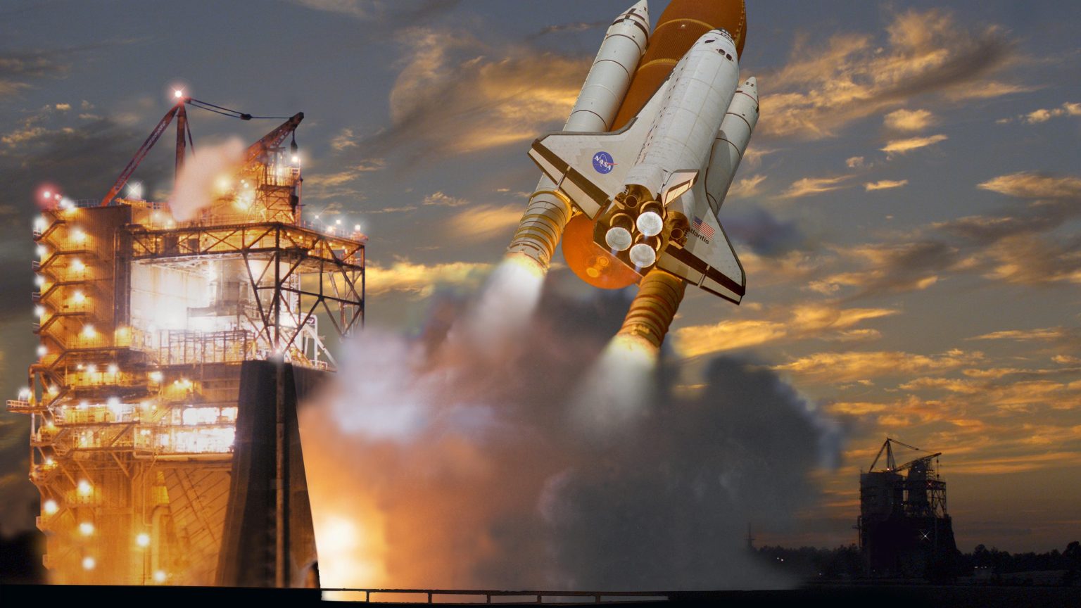 artful photo of test stand during engine test with an overlay of space shuttle