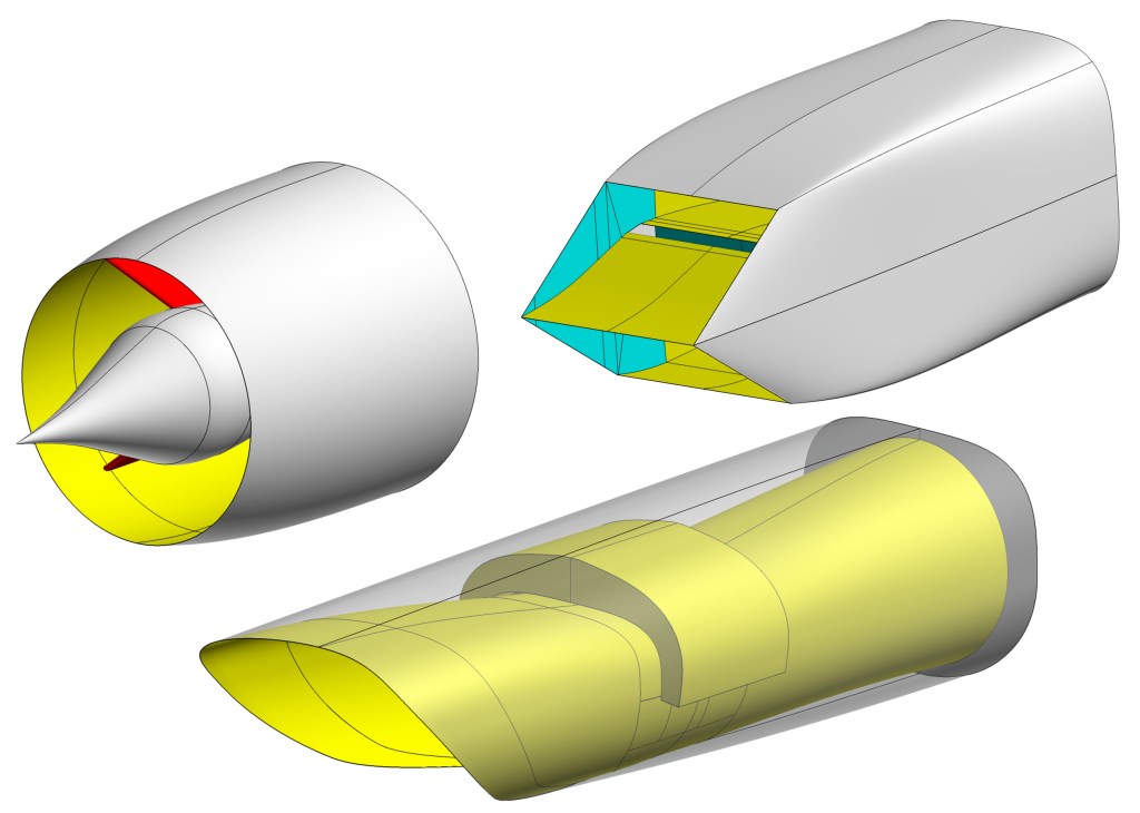 • Rendered 3D diagrams of supersonic jet engine inlets, with internal structures highlighted in yellow, showing side, rear, and angled views of various aerodynamic designs.