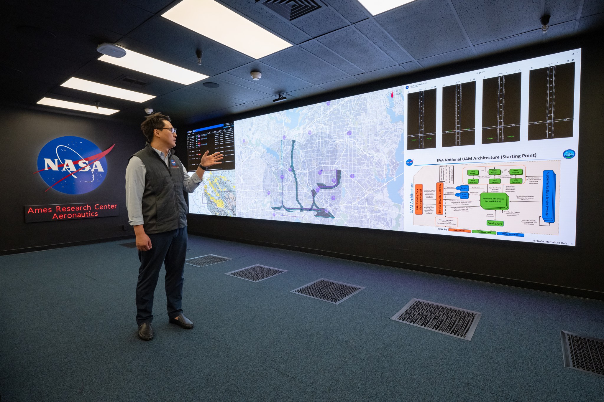 A NASA researcher presents information on a large screen.