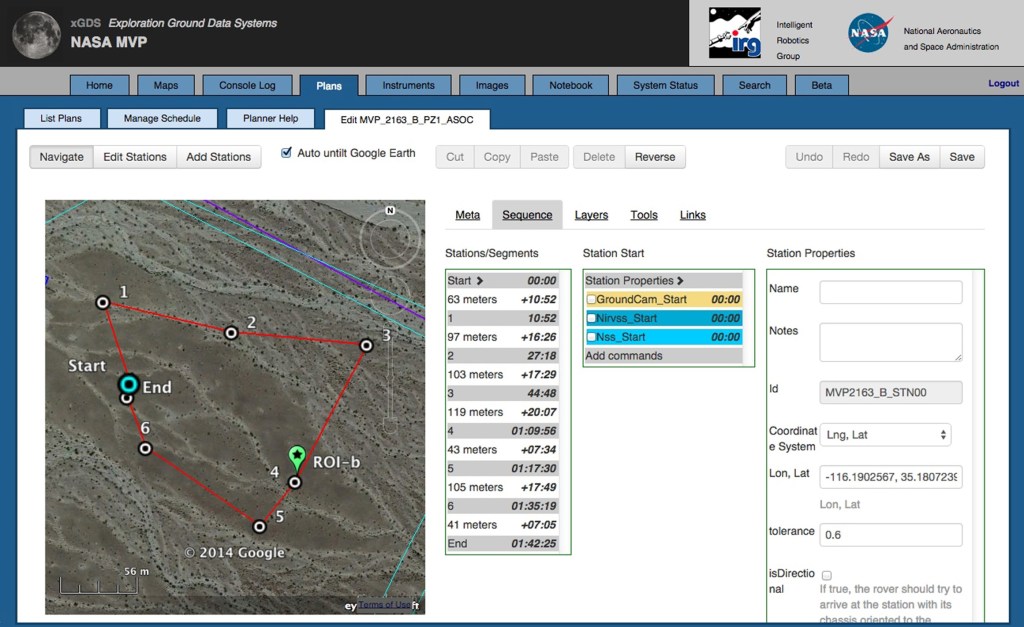A screenshot of Exploration Ground Data System (xGDS) software