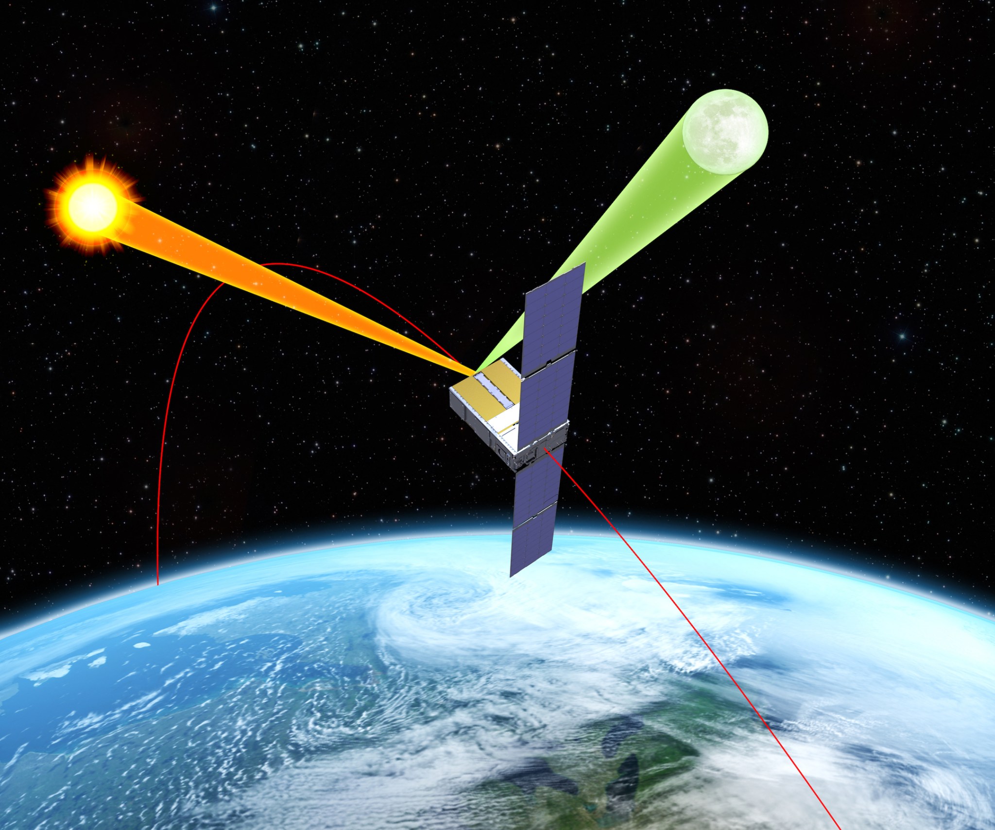 Illustration shows picture of Earth with a CubeSat reflecting off of the Moon and Sun