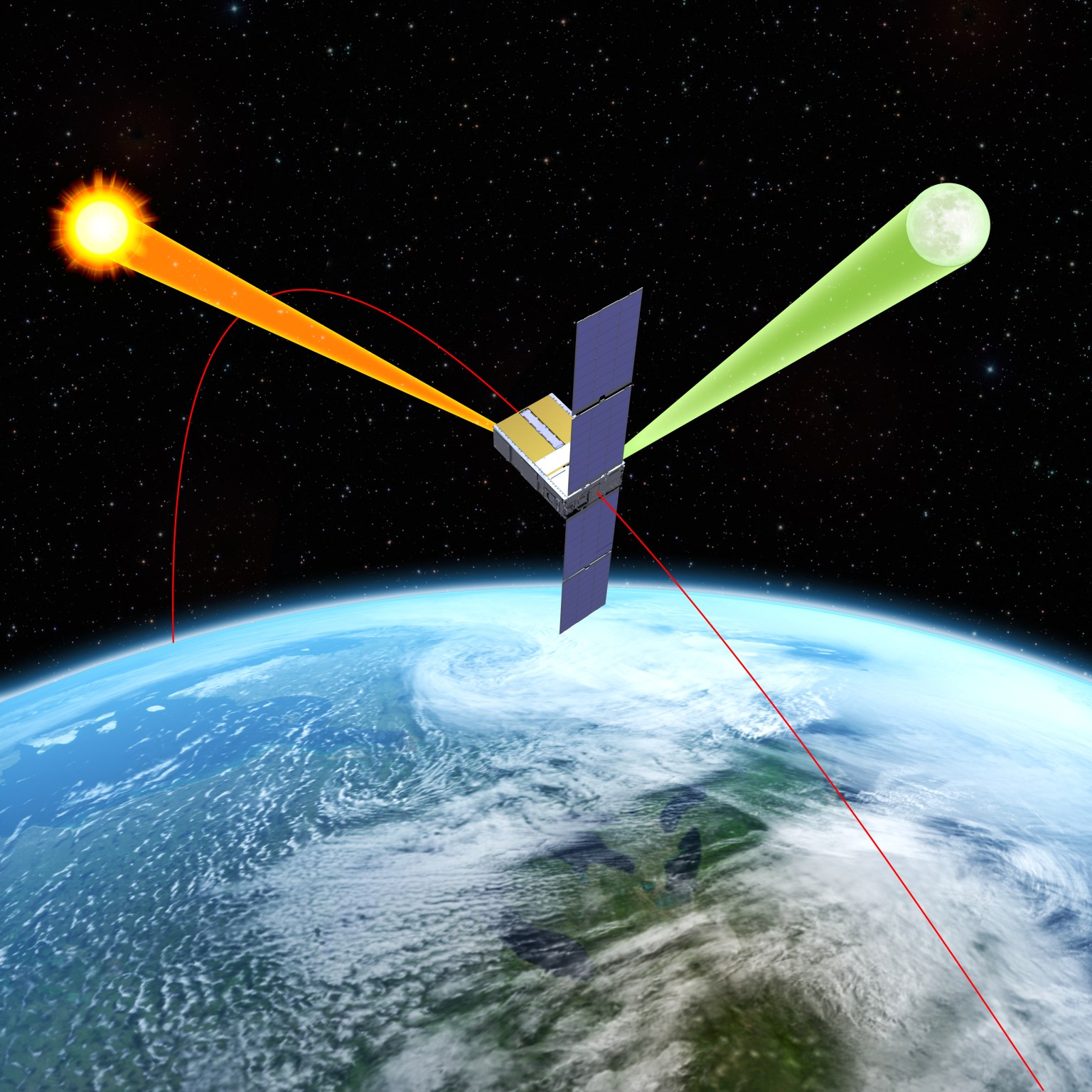 An artist's rendering of NASA's Arcstone instrument on-orbit gathering measurements of lunar reflectance.