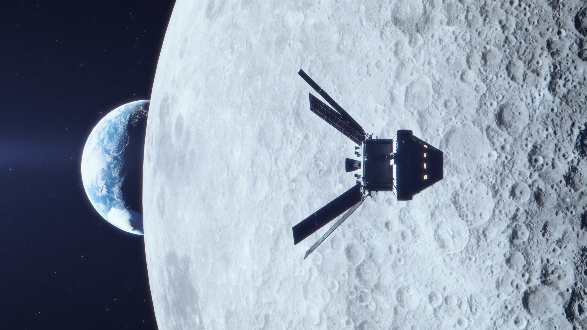 The Orion orbiter, with 4 solar fins spread out, flies above the nearby Moon, while Earth can be seen behind the Moon. It will fly as part of Artemis II.