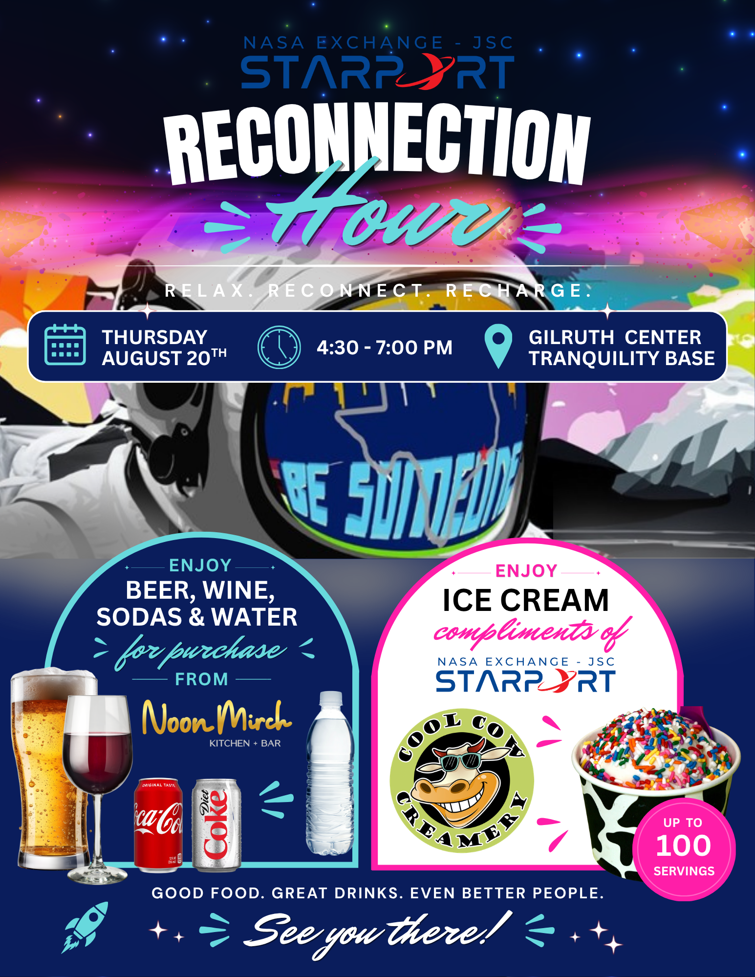 A flyer for the August 20, 2026 Reconnection Hour at JSC B207.