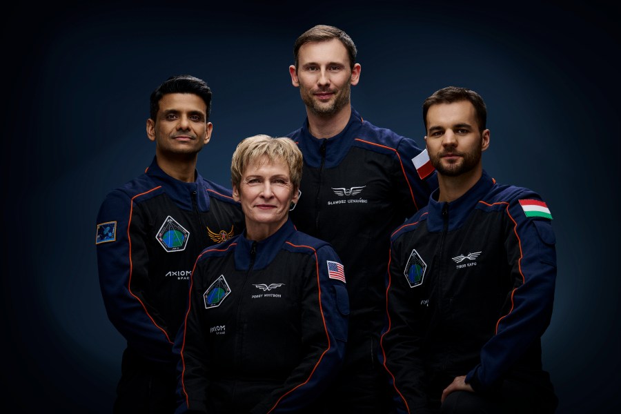 The official crew portrait of the Axiom Mission-4 private astronaut mission to the International Space Station. From left are, Pilot Shubhanshu Shukla from India, Commander Peggy Whitson from the U.S., and Mission Specialists Sławosz Uzanański-Wiśniewksi from Poland and Tibor Kapu from Hungary.