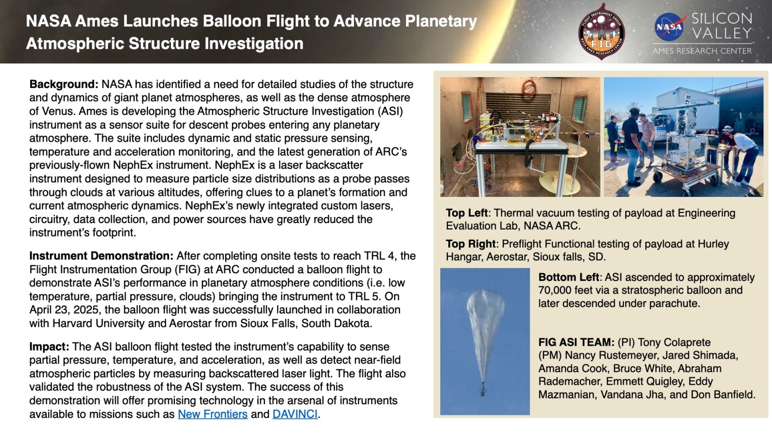 Image of a powerpoint slide about a scientific project at NASA Ames by the Flight Instrument Group. The text describes a balloon launch to test the readiness of space hardware.