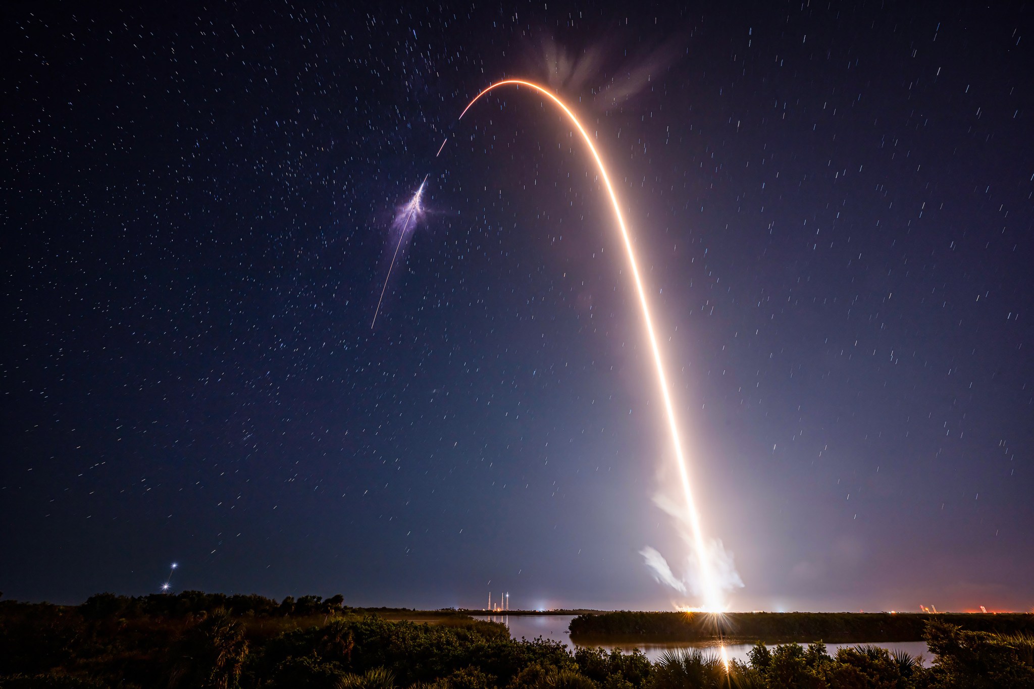 This time-lapse photograph shows Axiom Mission 4 soaring into space aboard the SpaceX Dragon after launching at 2:31 a.m. EDT from NASA's Kennedy Space Center in Florida.