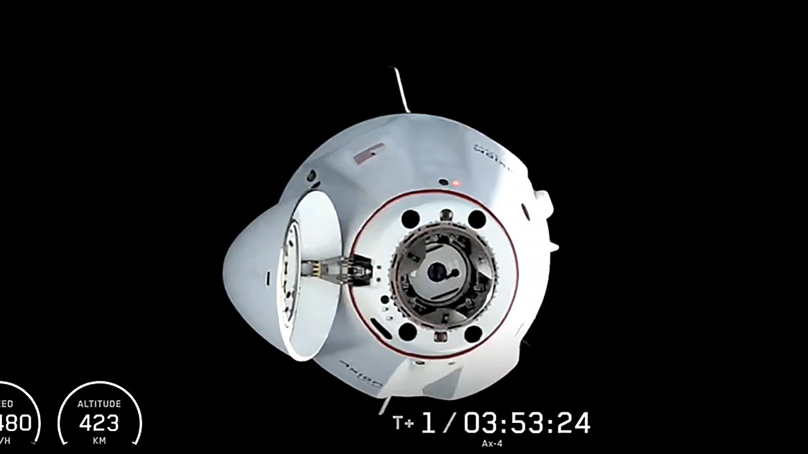 The SpaceX Dragon spacecraft carrying Axiom Mission 4 nears the International Space Station's space-facing docking port on the Harmony module.