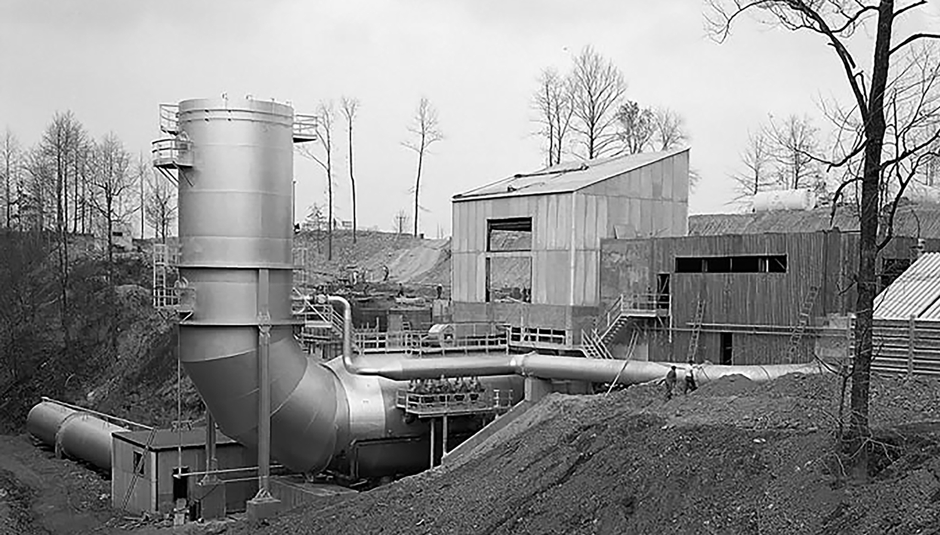 Exterior view of the Rocket Engine Test Facility during construction.