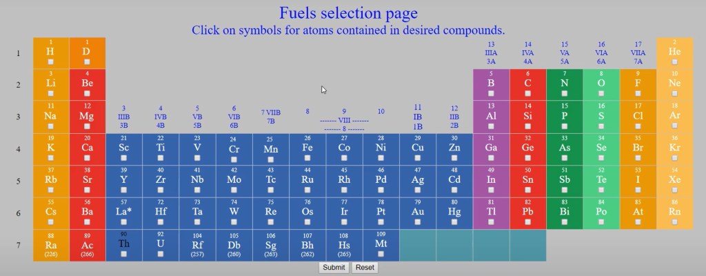 A periodic table of various elements titled "Fuels selection page" with colored element blocks; instructions at top prompt users to select element symbols for desired compounds.