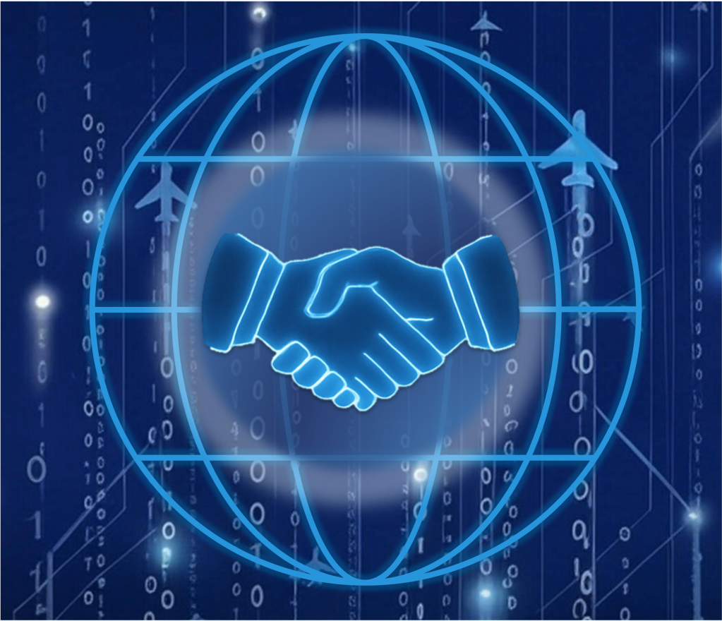 Blue digital background with airplanes and binary code, a blue globe outline and two hands shaking icon in the center.