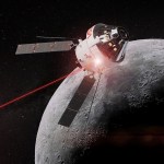 An artist rendering of the Orion Spacecraft in the middle of the frame traveling close to the Moon in the right side of the frame. A red beam representing optical communications is being transmit from the side of the capsule out of frame to the left.