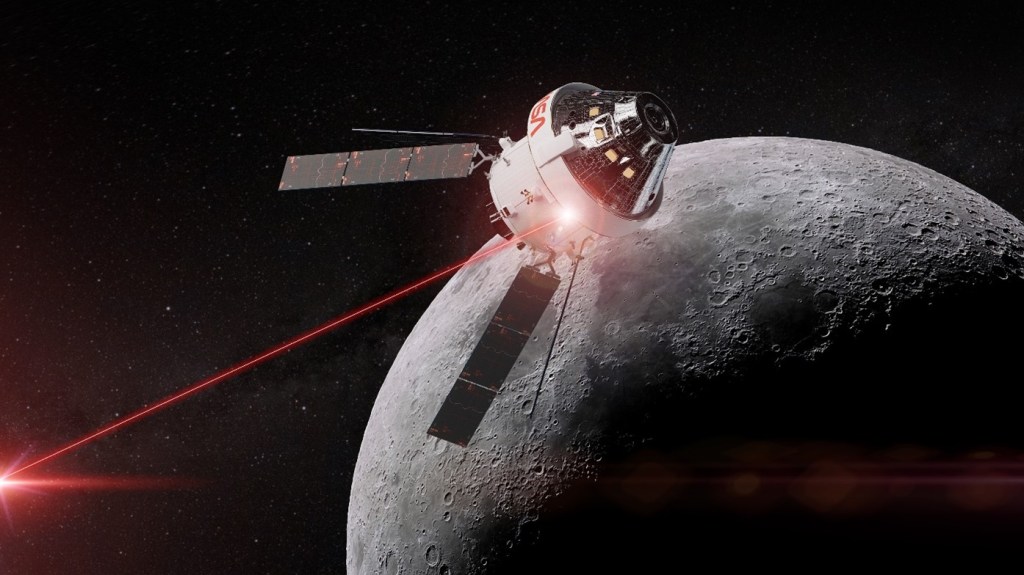 An artist rendering of the Orion Spacecraft in the middle of the frame traveling close to the Moon in the right side of the frame. A red beam representing optical communications is being transmit from the side of the capsule out of frame to the left.