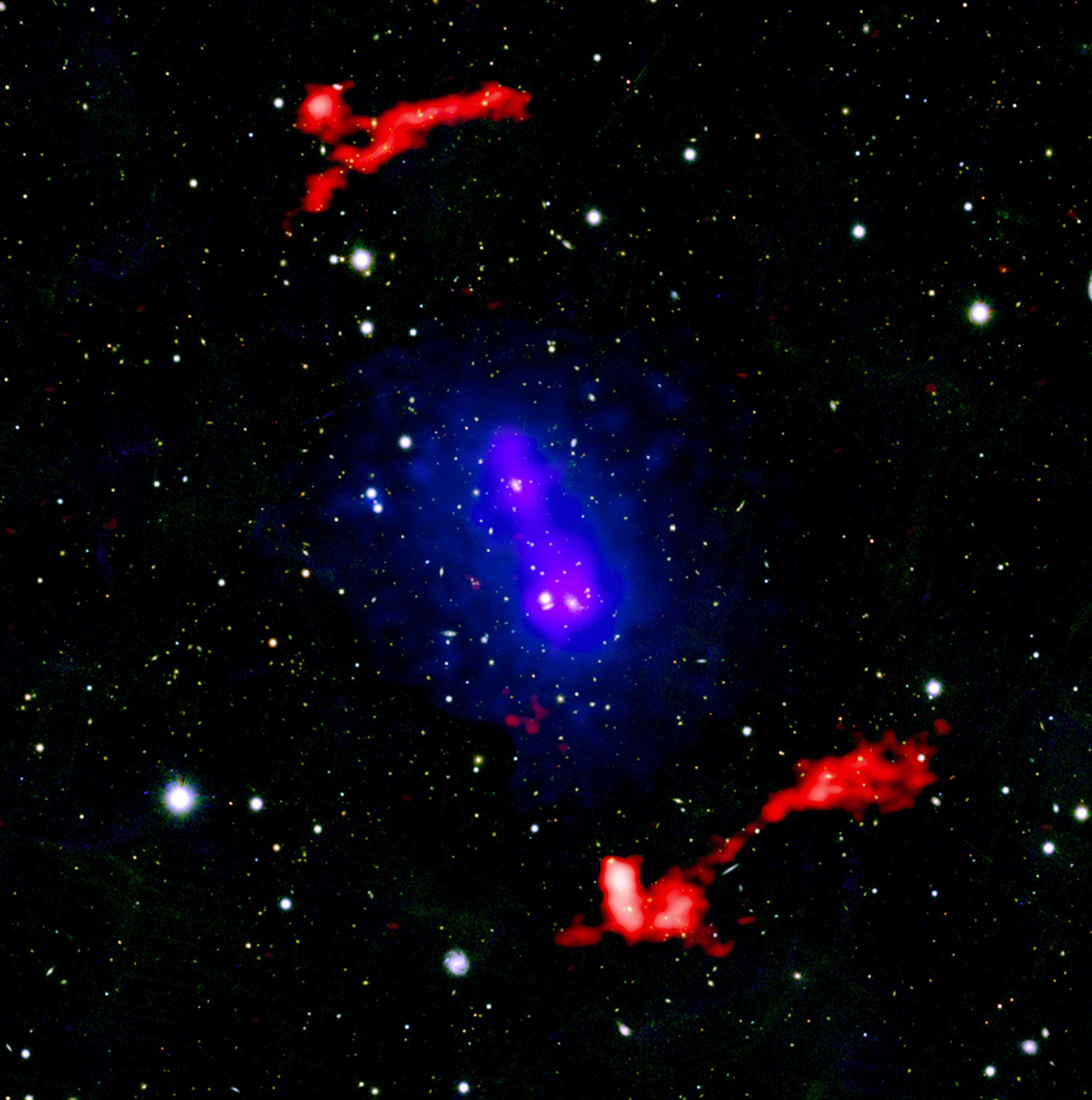 Observations from Chandra and other telescopes have captured a powerful cosmic event: two galaxy clusters have collided and are now poised to head back for another swipe at each other. Galaxy clusters are some of the largest structures in the Universe held together by gravity. In these images, X-rays from Chandra and ESA’s XMM-Newton have been combined with LOFAR data and an optical image from Pan-STARRs of the stars and galaxies in the field of view.